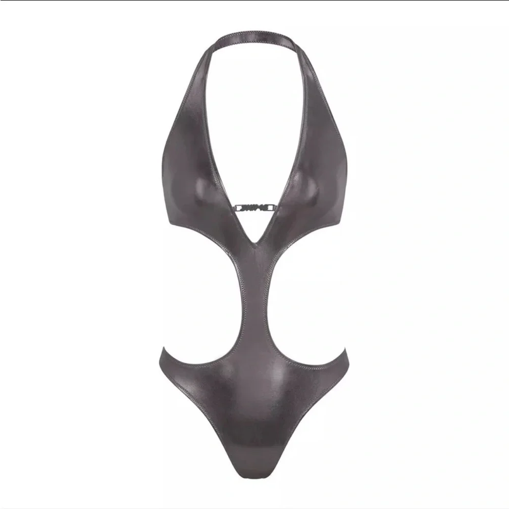 SKIMS METALLIC SWIM HALTER MONOKINI |STYLE: OP-CKY-2807 | COLOR:CARBON | NEW/NET